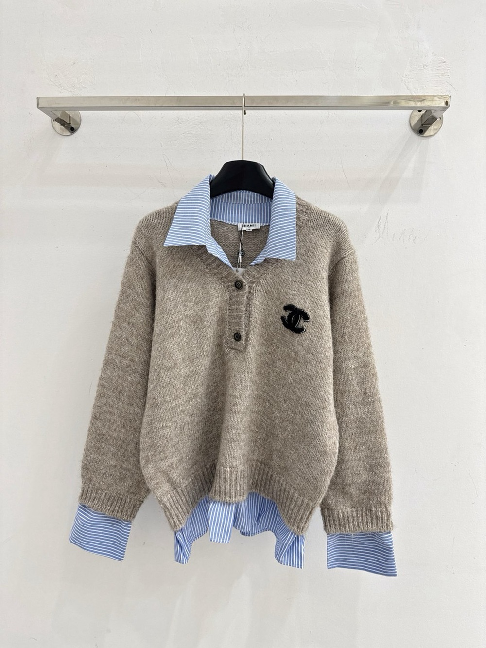Chanel V Neck Half Button Knit Top with Striped Shirt Trim